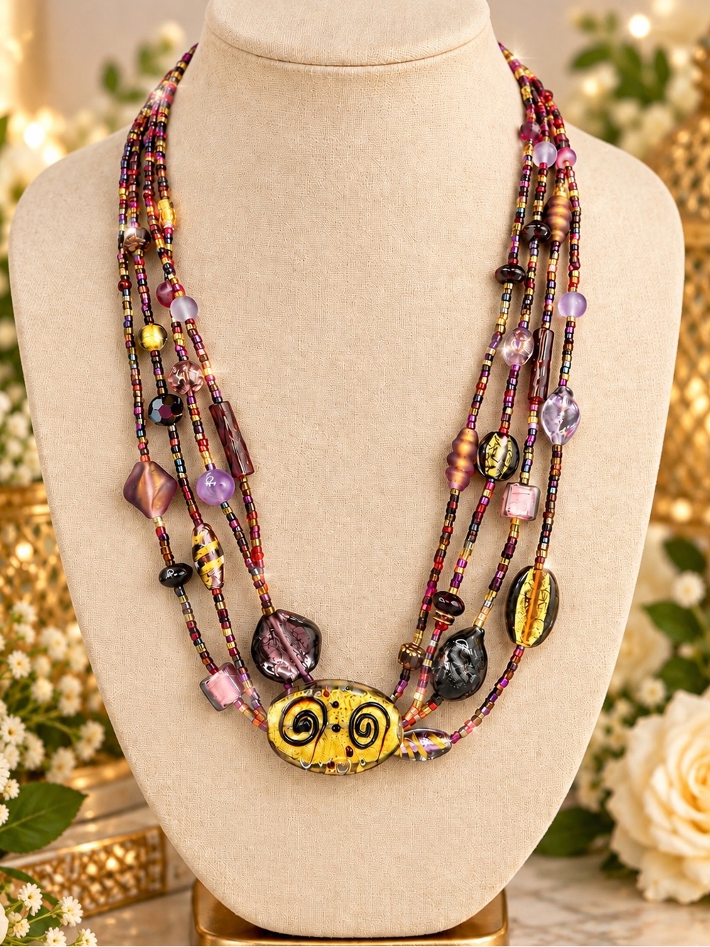 Multi Strand Art Glass Beaded Necklace Gold Foil & Mixed Glass Statement Jewelry